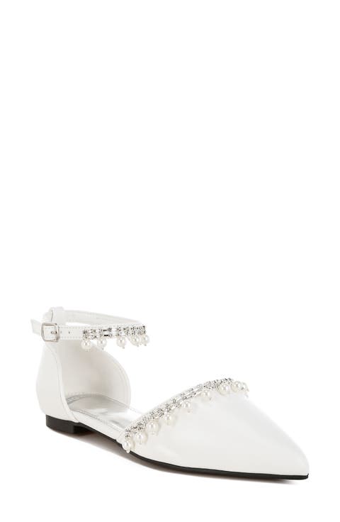 Aouva Rhinestone & Faux Pearl Almond Toe Flat (Women)