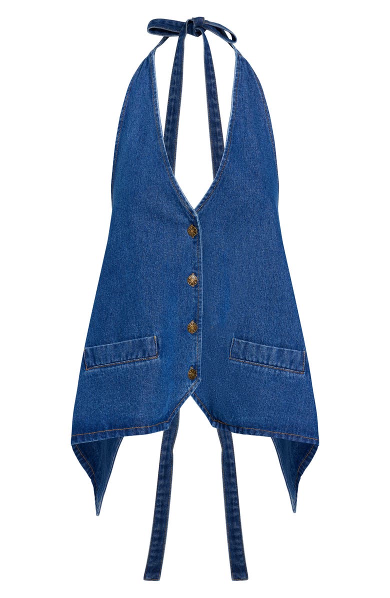 LIONESS Hill Denim Halter Top, Alternate, color, Dark Denim