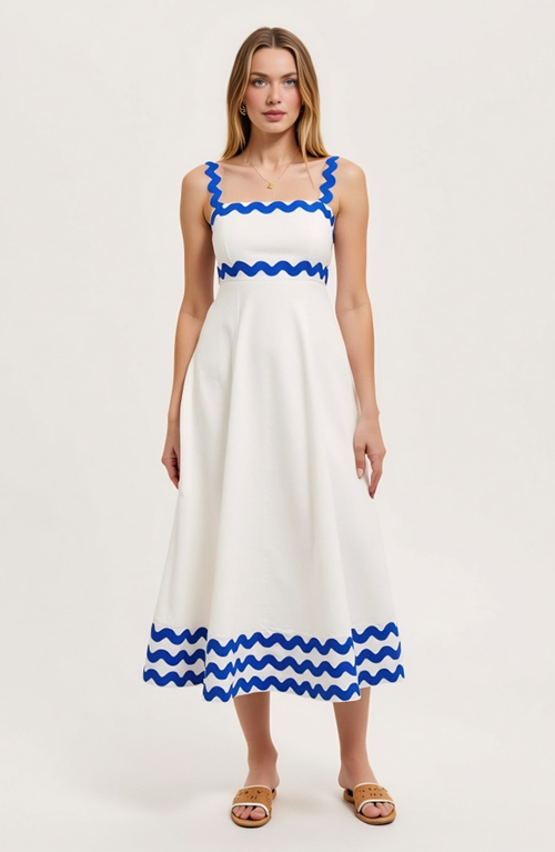 Modenaire Scalloped Strap Maxi Dress With Wave Trim And A-line Silhouette In White