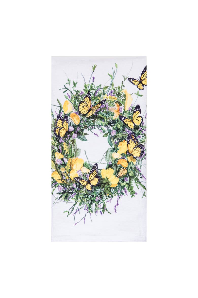 Butterfly Wreath Design Spring Theme Printed Flour Sack Kitchen Dishtowel, Alternate, color, White