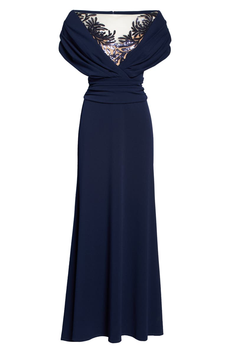 Tadashi Shoji Portrait Collar Sequin Décolletage Gown, Alternate, color, 