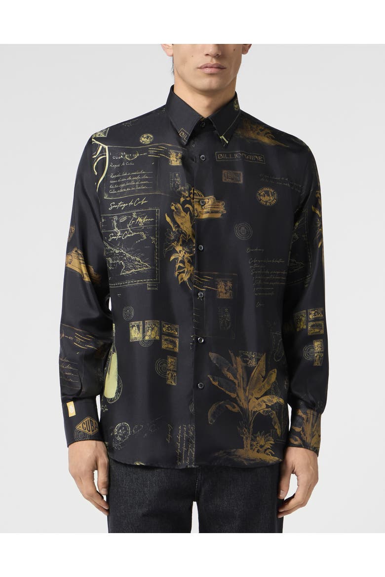 Printed Silk Shirt Letter Men, Main, color, black
