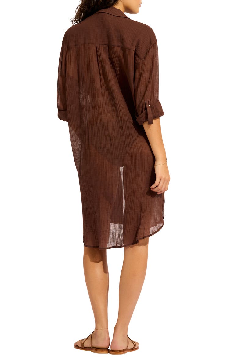 Crinkle Twill Cover-Up Beach Shirt, Alternate, color, DARK CHOCOLATE