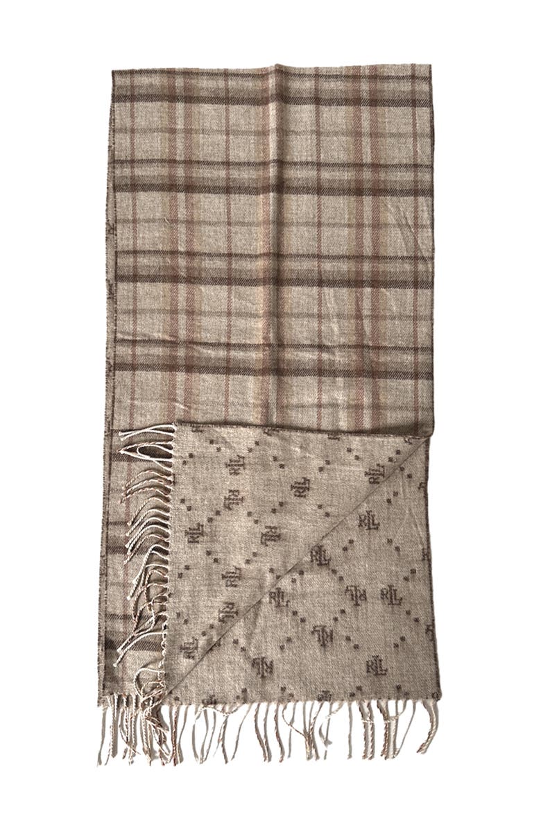 Lauren Ralph Lauren Plaid And Logo Double Face Scarf, Main, color, Taupe Plaid