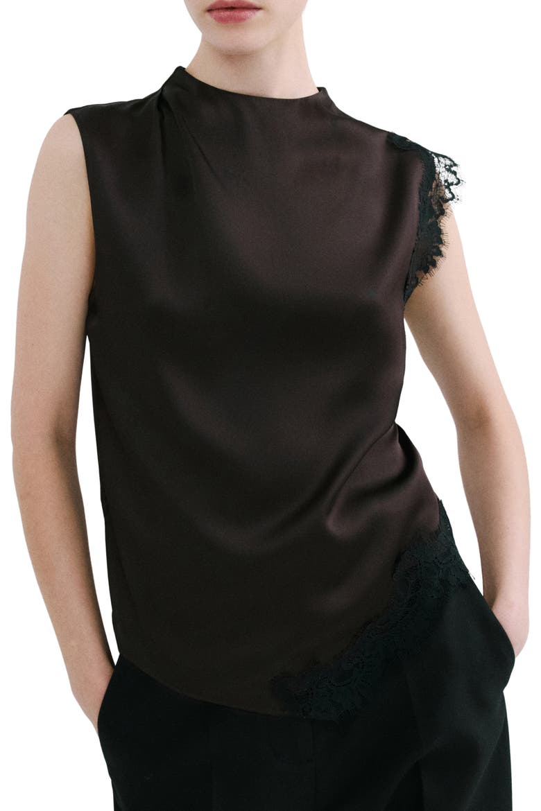 Lace Trim Asymmetric Satin Top, Main, color, BROWN