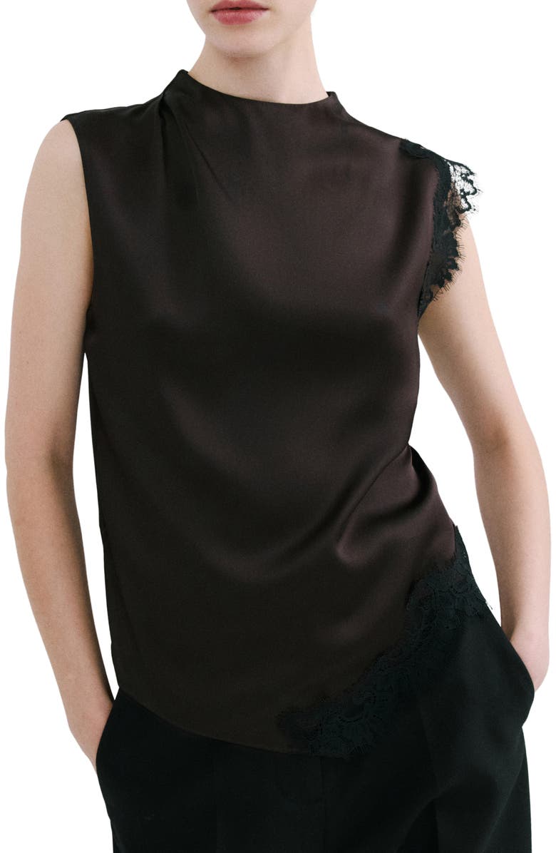 MANGO Lace Trim Asymmetric Satin Top, Main, color, 