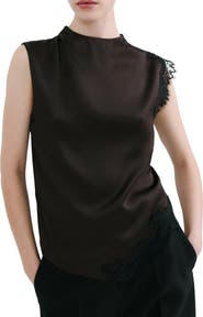MANGO Lace Trim Asymmetric Satin Top