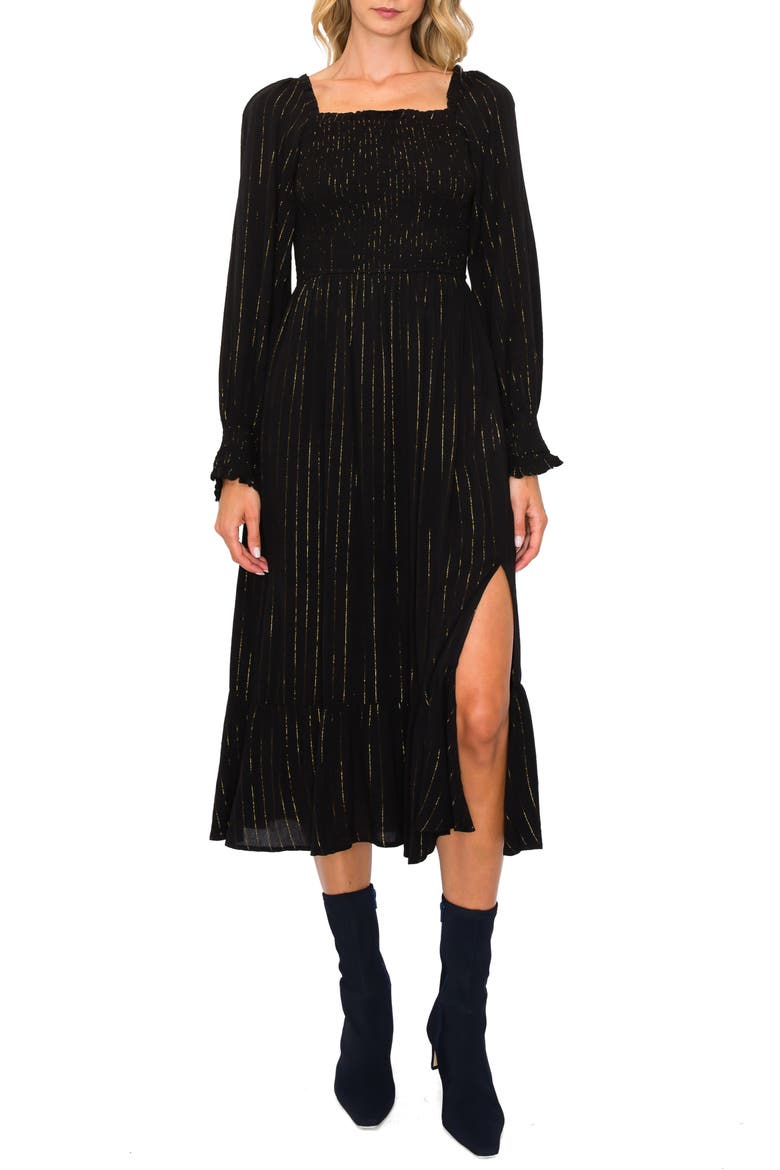 Metallic Stripe Smocked Long Sleeve Midi Dress, Main, color, BLACK/ GOLD