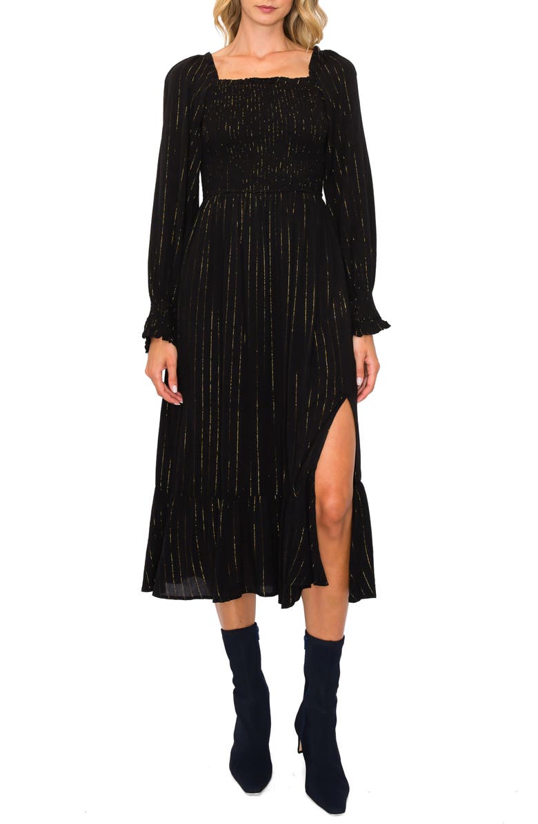 MELLODAY Metallic Stripe Smocked Long Sleeve Midi Dress, Main, color, 