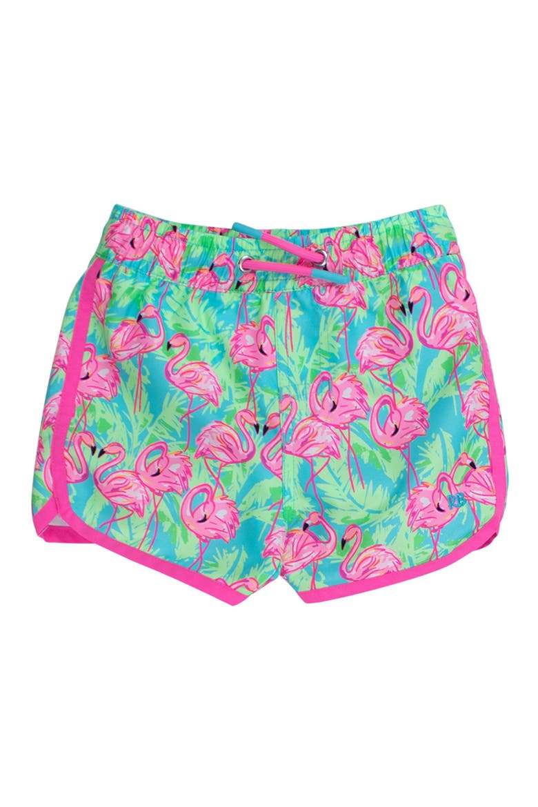 Boys UPF50+ Sun Protected Dolphin Hem Swim Trunks, Main, color, Neon Flamingo Fun
