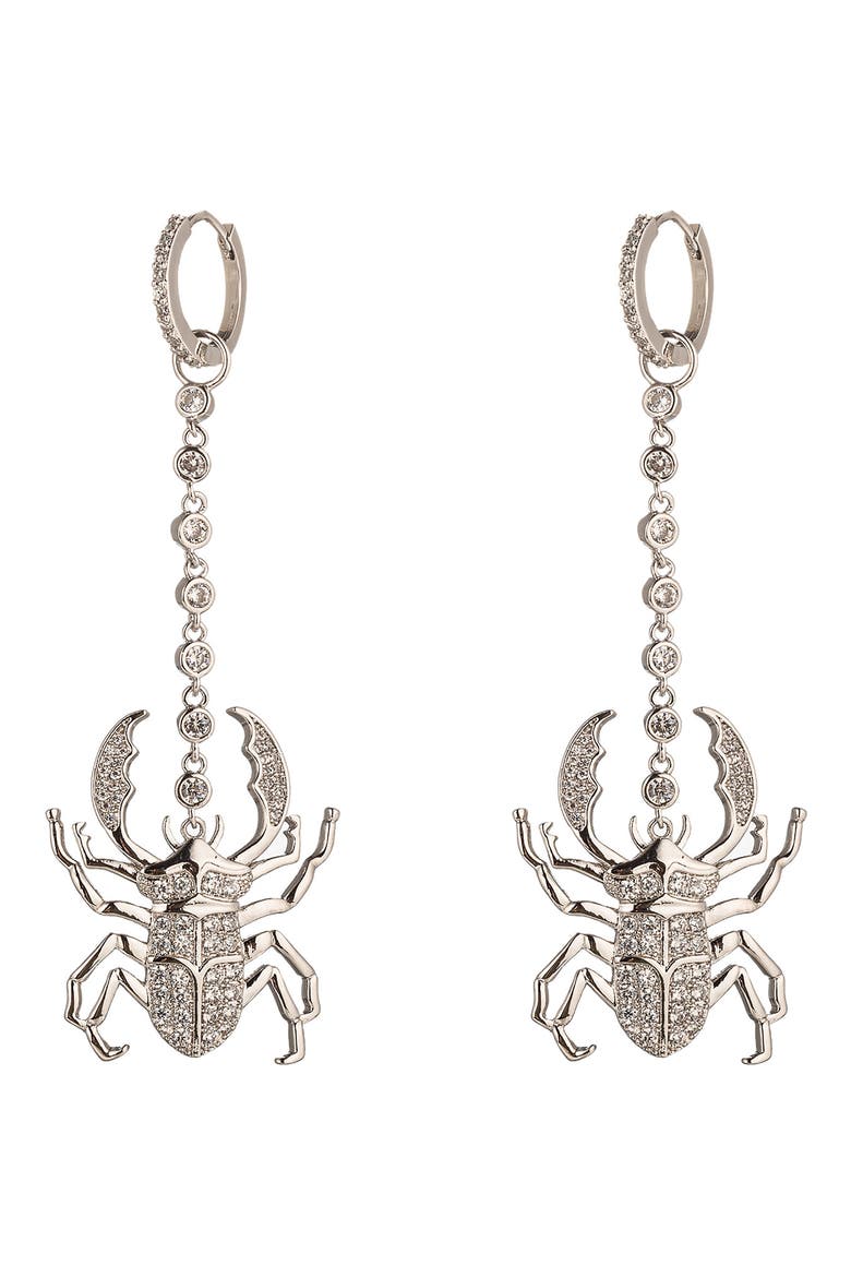 CZ Pavé Beatle Drop Earrings, Main, color, SILVER