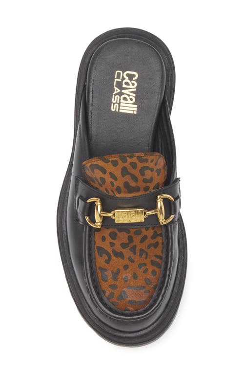 Roberto Cavalli Leopard Platform Lug Mule In Black