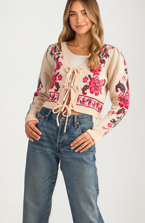 Floral Tie-Front Cropped Cardigan