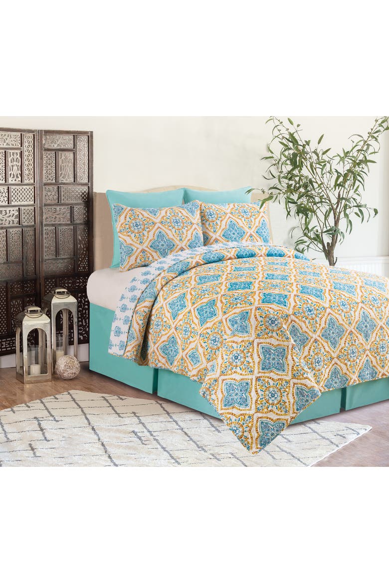 Terrace Medallion Cotton Quilt Set - Reversible and Machine Washable, Alternate, color, Blue
