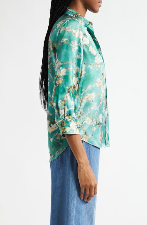 Shop L Agence L'agence Dani Cherry Blossom Print Silk Button-up Shirt In Teal Watercolor Cherry Blossom