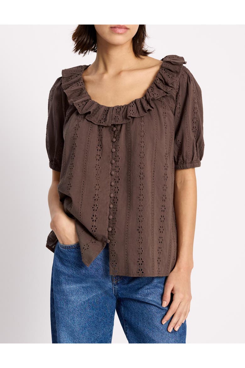 Ruffle Neck Button-Front Blouse, Alternate, color, Brown