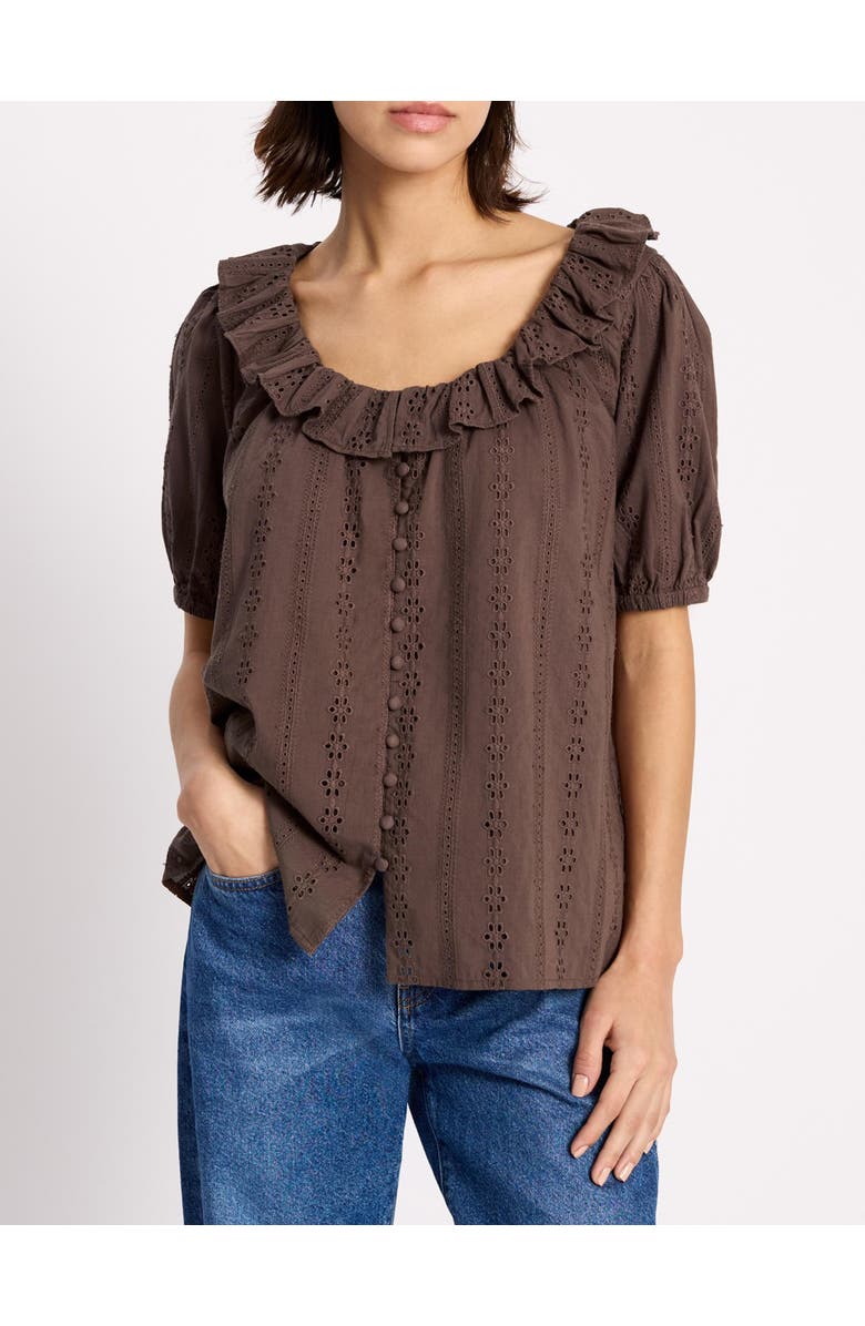 Albaray Ruffle Neck Button-Front Blouse, Alternate, color, Brown