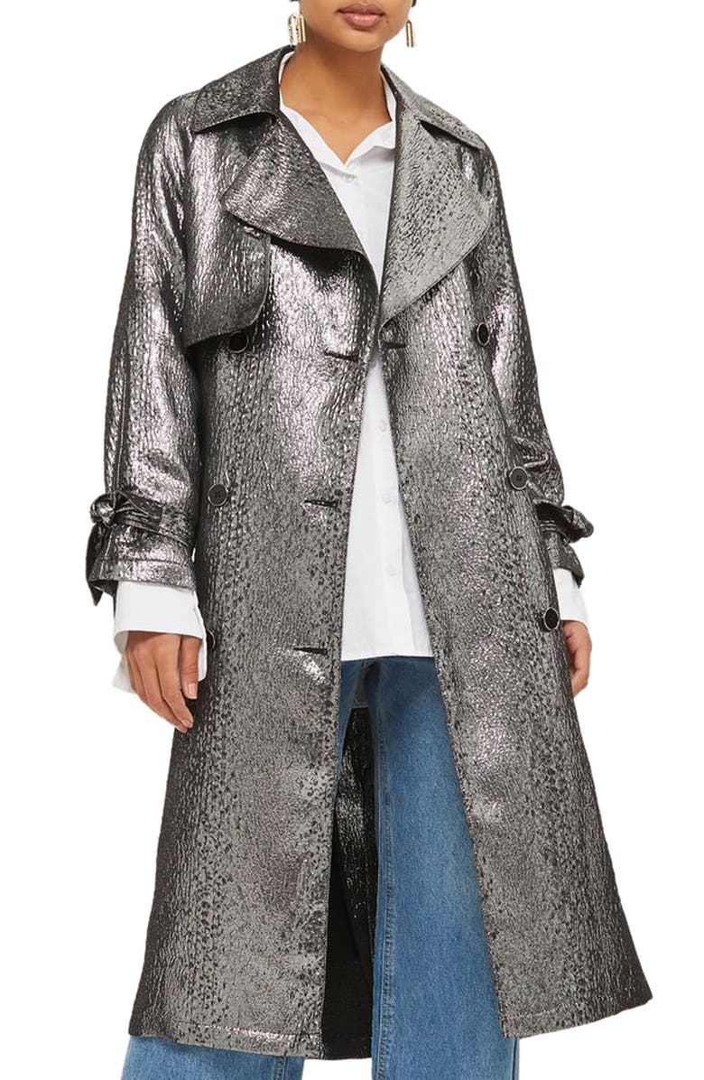 Topshop Metallic Trench Coat, Main, color, 