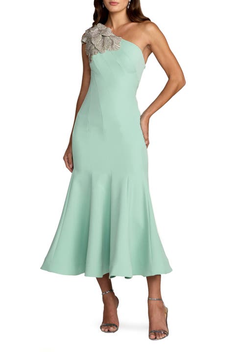 Sleeveless Crepe One Shoulder Mermaid Midi Dress With Flower