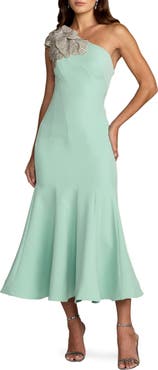 Mac Duggal One-Shoulder Crepe Midi Dress with Floral Appliqué