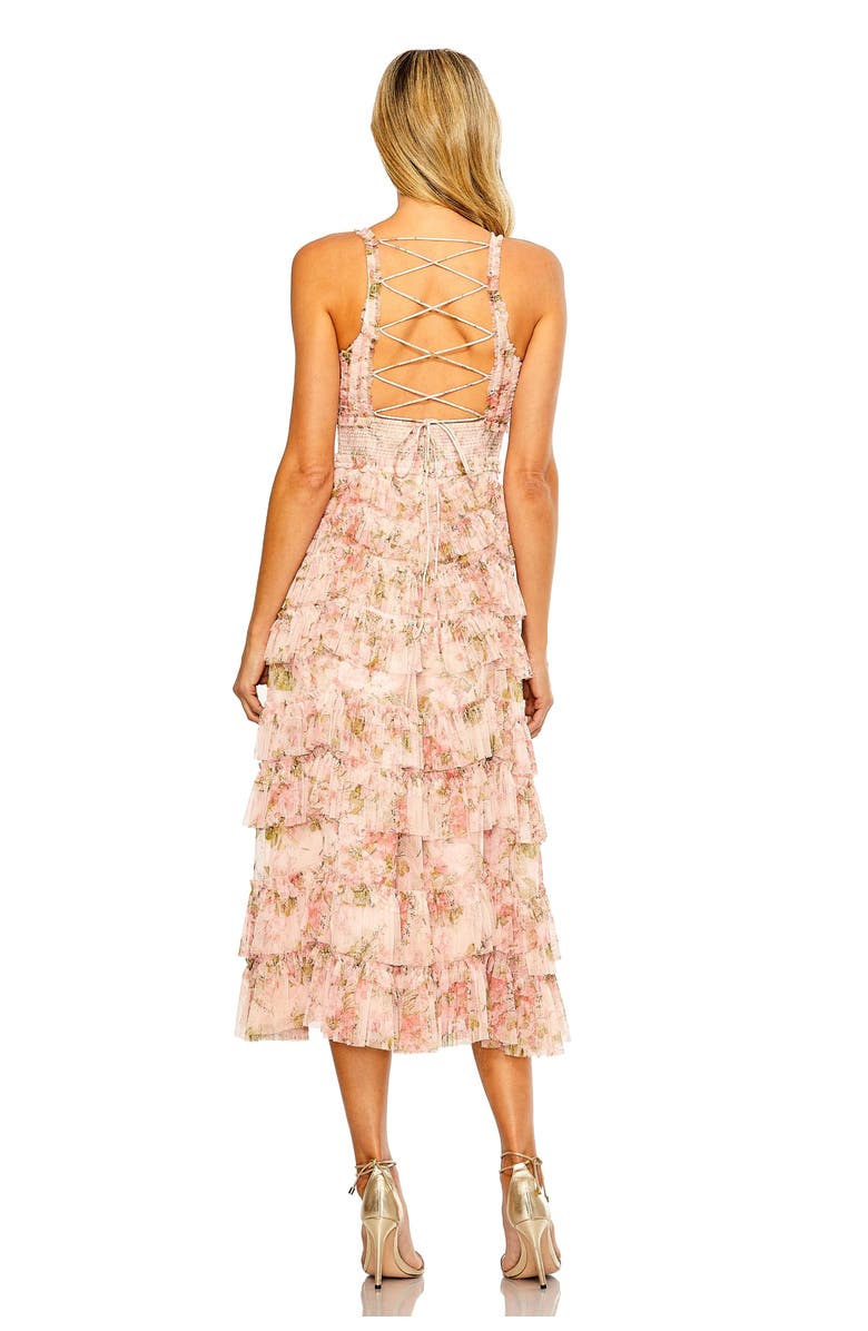 Mac Duggal Sleeveless V Neck Floral Mesh Ruffle Midi Dress, Alternate, color, Blush Multi