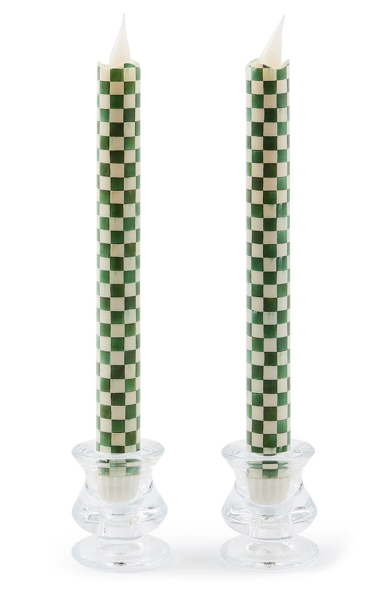 Set of 2 Emerald Check Flameless Dinner Candles, Main, color, EMERALD