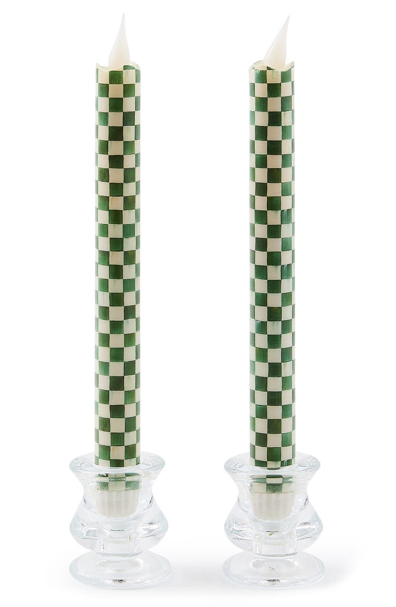 MACKENZIE CHILDS Set of 2 Emerald Check Flameless Dinner Candles, Main, color, Emerald