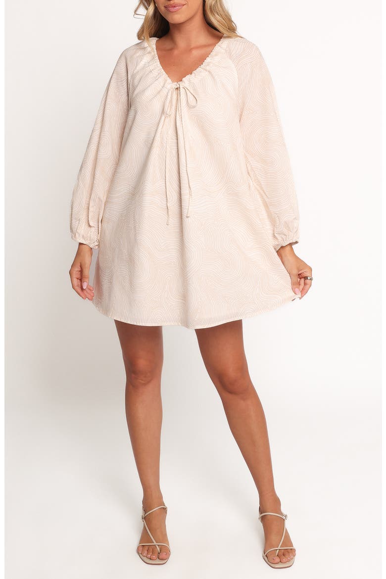 Walker Woodcut Print Long Sleeve Cotton & Linen Minidress, Main, color, TAN SWIRL