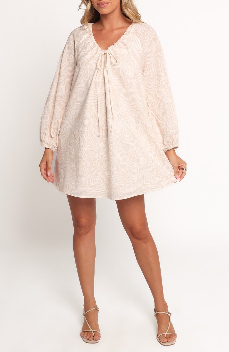 Petal & Pup Walker Woodcut Print Long Sleeve Cotton & Linen Minidress, Main, color, Tan Swirl