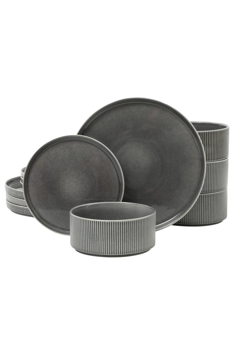 Solana Coast 12-Piece Reactive Glaze Embossed Stoneware Dinnerware Set, Main, color, Black