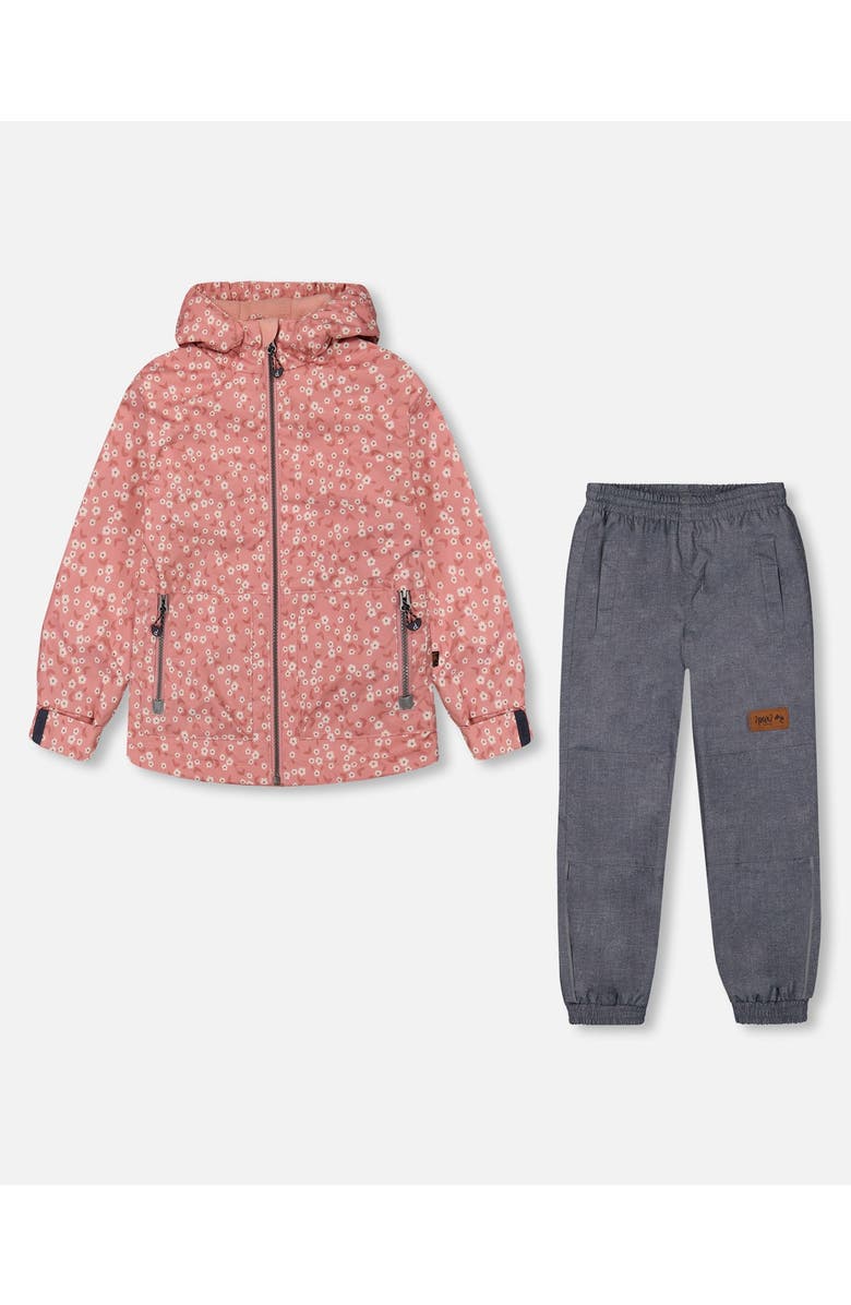 Deux par Deux Little Girl's Printed Jacket Two-Piece Mid-Season Outerwear Set Small White Flowers On Pale Pink And Gray, Main, color, 