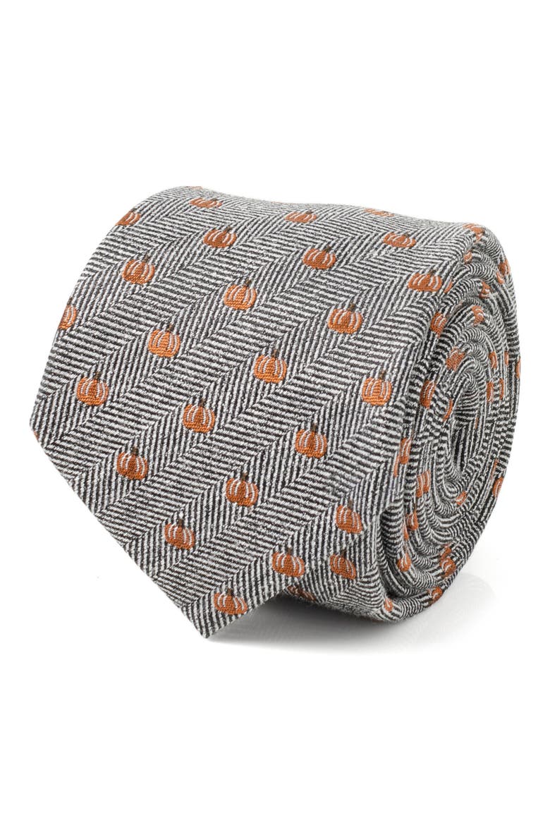Holiday Pumpkin Silk & Linen Blend Herringbone Tie, Alternate, color, GRAY