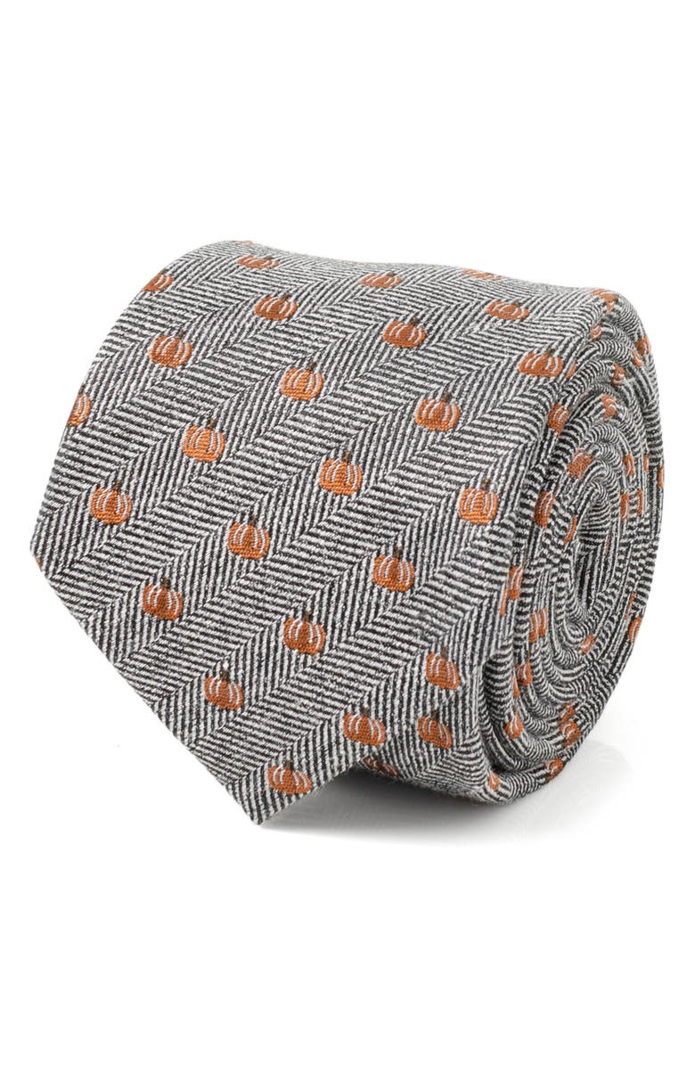 Cufflinks, Inc. Holiday Pumpkin Silk & Linen Blend Herringbone Tie, Alternate, color, Gray