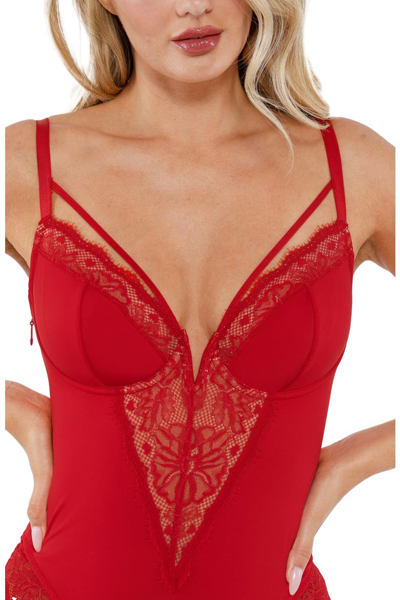 Shapewear Strappy Tummy Control Lace Inset Bodysuit, Alternate, color, Chili Red