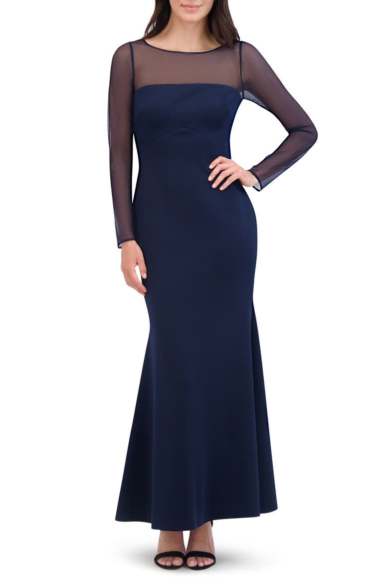 Rosette Mesh Trim Long Sleeve Gown, Alternate, color, NAVY