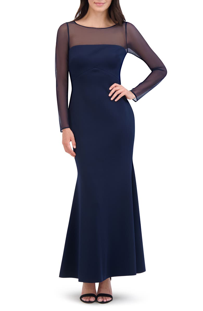 Eliza J Rosette Mesh Trim Long Sleeve Gown, Alternate, color, Navy