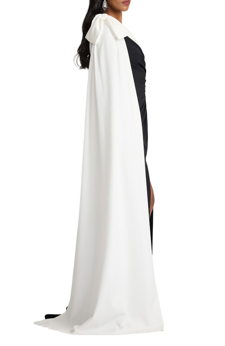 Tadashi Shoji Bow Cape Detail One-Shoulder Gown, Alternate, color, Black/ Ivory
