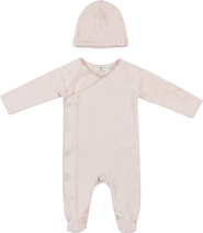 Little Fragile Girl French Terry Wrap V Neck Romper and Matching Hat Set