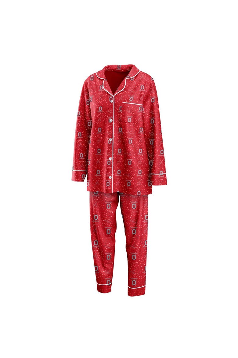 Women's WEAR by Erin Andrews Scarlet Ohio State Buckeyes Long Sleeve Button-Up Shirt & Pants Sleep Set, Main, color, Scarlet