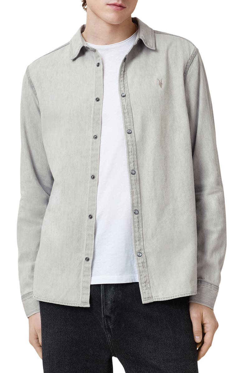 AllSaints Gleason Cotton Denim Snap-Up Shirt, Main, color, 