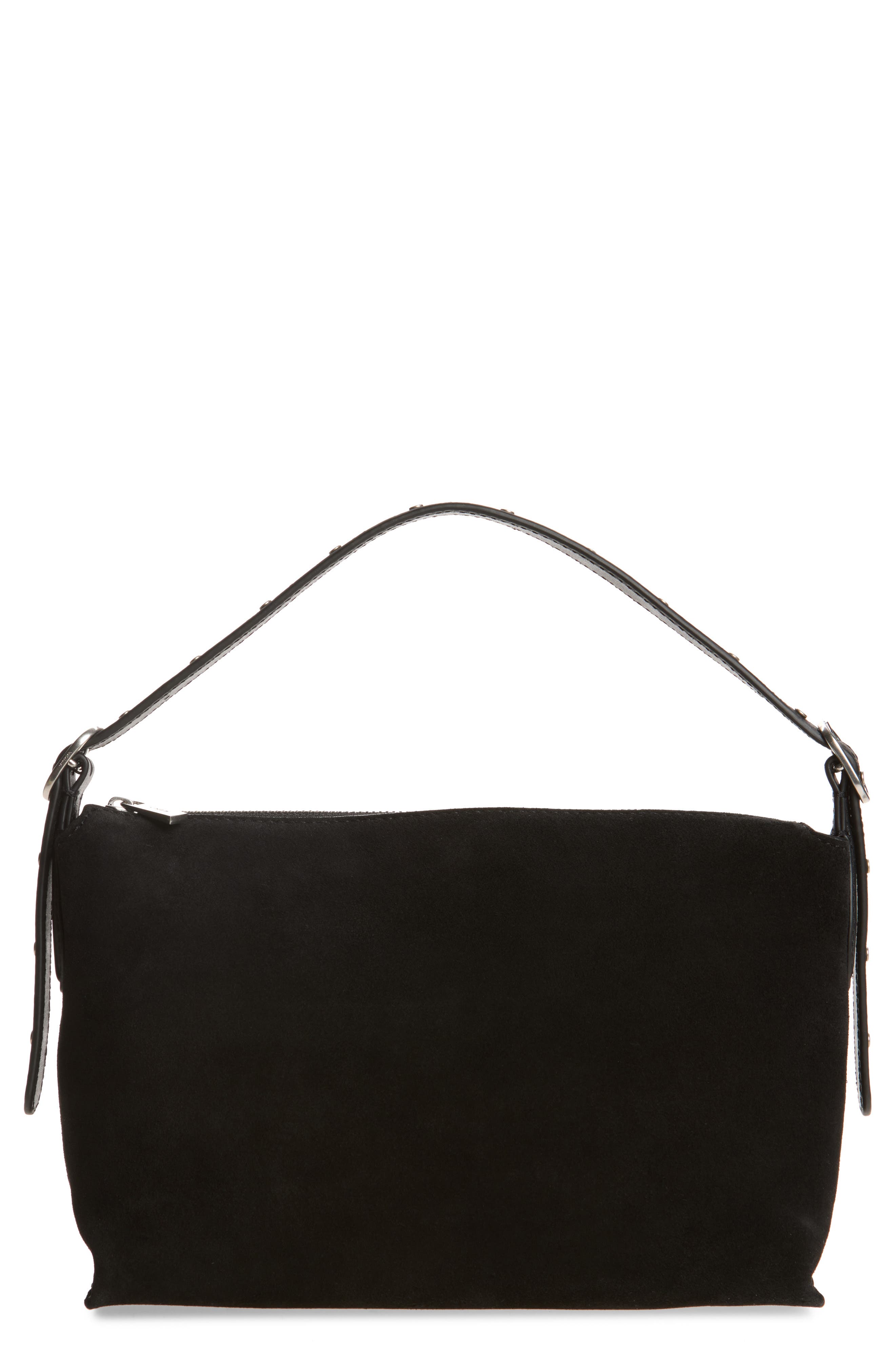 Vivian Stud Suede Shoulder Bag, Main, color, BLACK