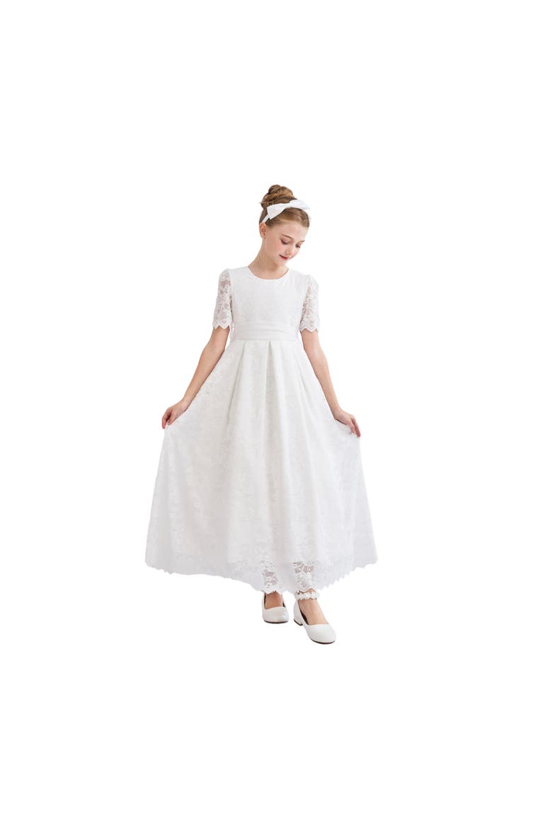 Belciana Short Sleeve Lace Dress, Alternate, color, White