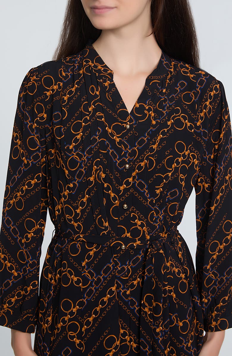 Elie Tahari The Mila Chain Print Pleated Long Sleeve Stretch Silk Midi Dress, Alternate, color, 