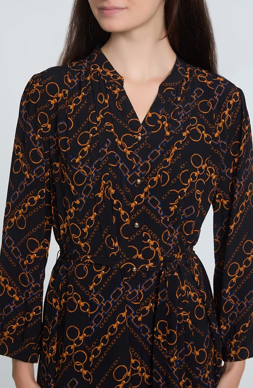 Elie Tahari The Mila Chain Print Pleated Long Sleeve Stretch Silk Midi Dress In Black