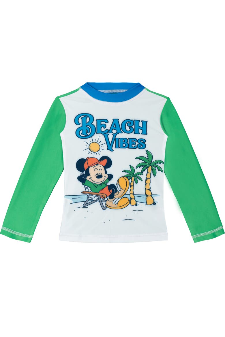 Mickey Mouse Swimwear 2-Piece Rash Guard and Swim Trunks Set, Alternate, color, Mickey Beach Green