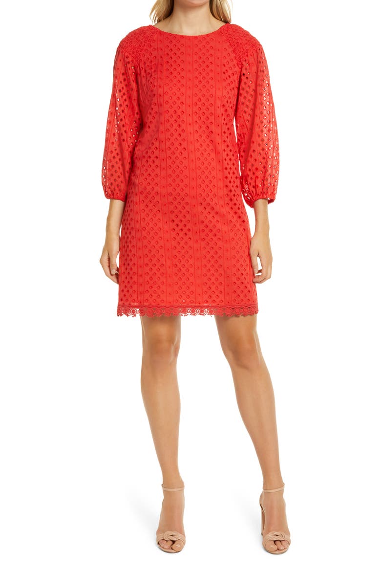 Long Sleeve Eyelet Poplin Shift Dress, Main, color, RED