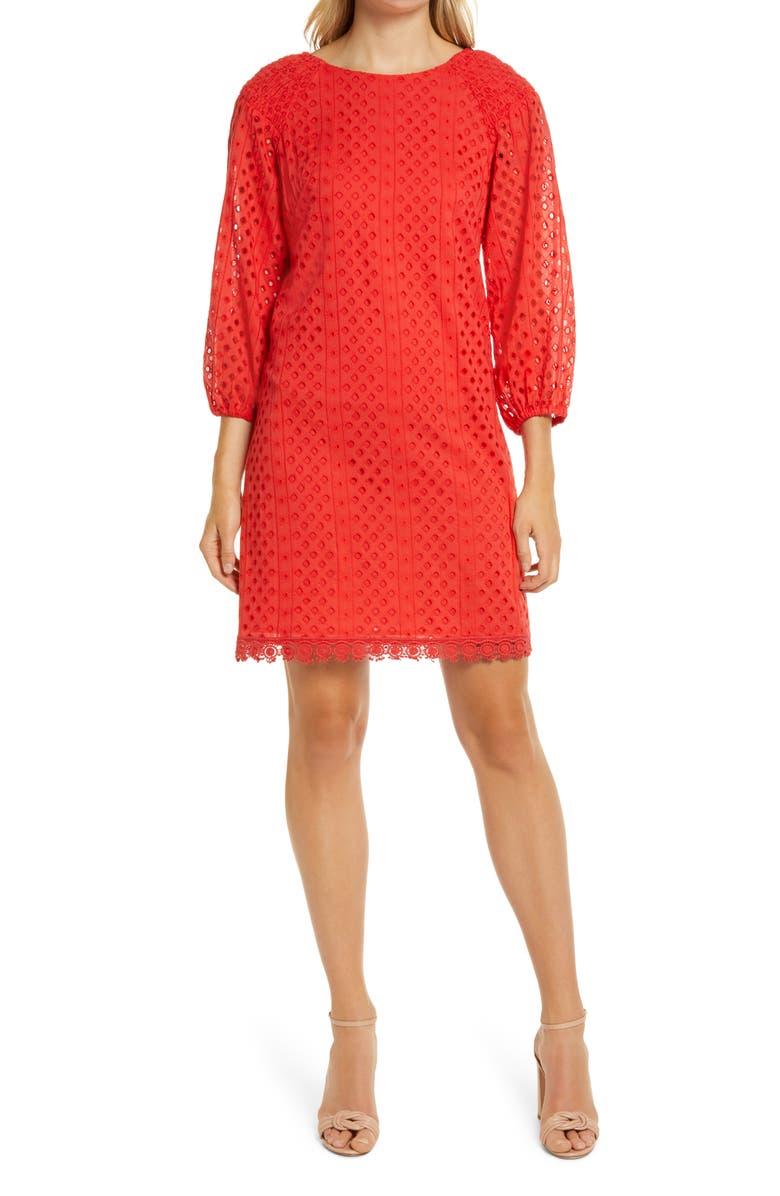 Vince Camuto Long Sleeve Eyelet Poplin Shift Dress, Main, color, 