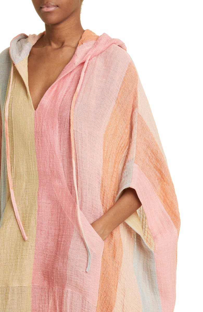 Lisa Marie Fernandez Awning Stripe Linen Blend Hooded Poncho Cover-Up, Alternate, color,