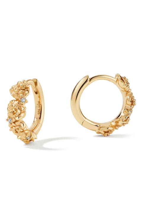 Cubic Zirconia Birthstone Flower Huggie Hoop Earrings