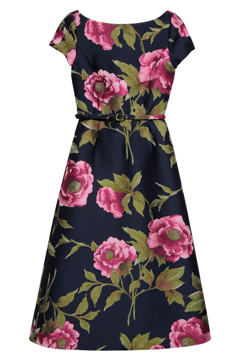 Peony Jacquard Belted Midi Dress, Alternate, color, MIDNIGHT MULTI